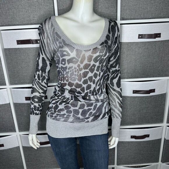 EXPRESS BLK/SILVER METALLIC MINI DRESS RIBBED SCOOP NECK STRETCH Size Medium - Picture 1 of 11